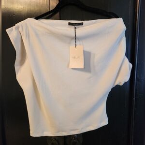NEW DELUC Janis Top, Asymmetric Off The Shoulder Top, Cropped, Off White Sz Med